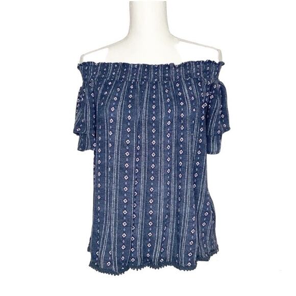 Violets & Roses Ballari Blue Printed Off The Shoulder Short Sleeve Top Medium - Picture 1 of 5